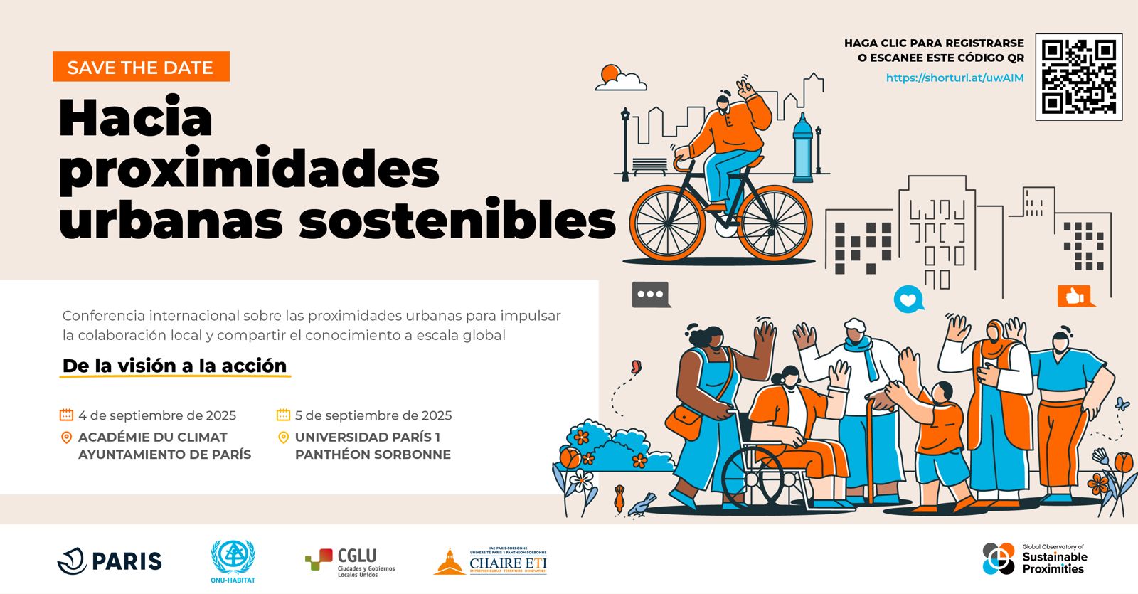 Illustration of a diverse urban community engaging in social activities and sustainable mobility, with event details for the International Conference on Sustainable Urban Proximities in Paris (September 4-5, 2025) displayed on the left side, including a QR code for registration