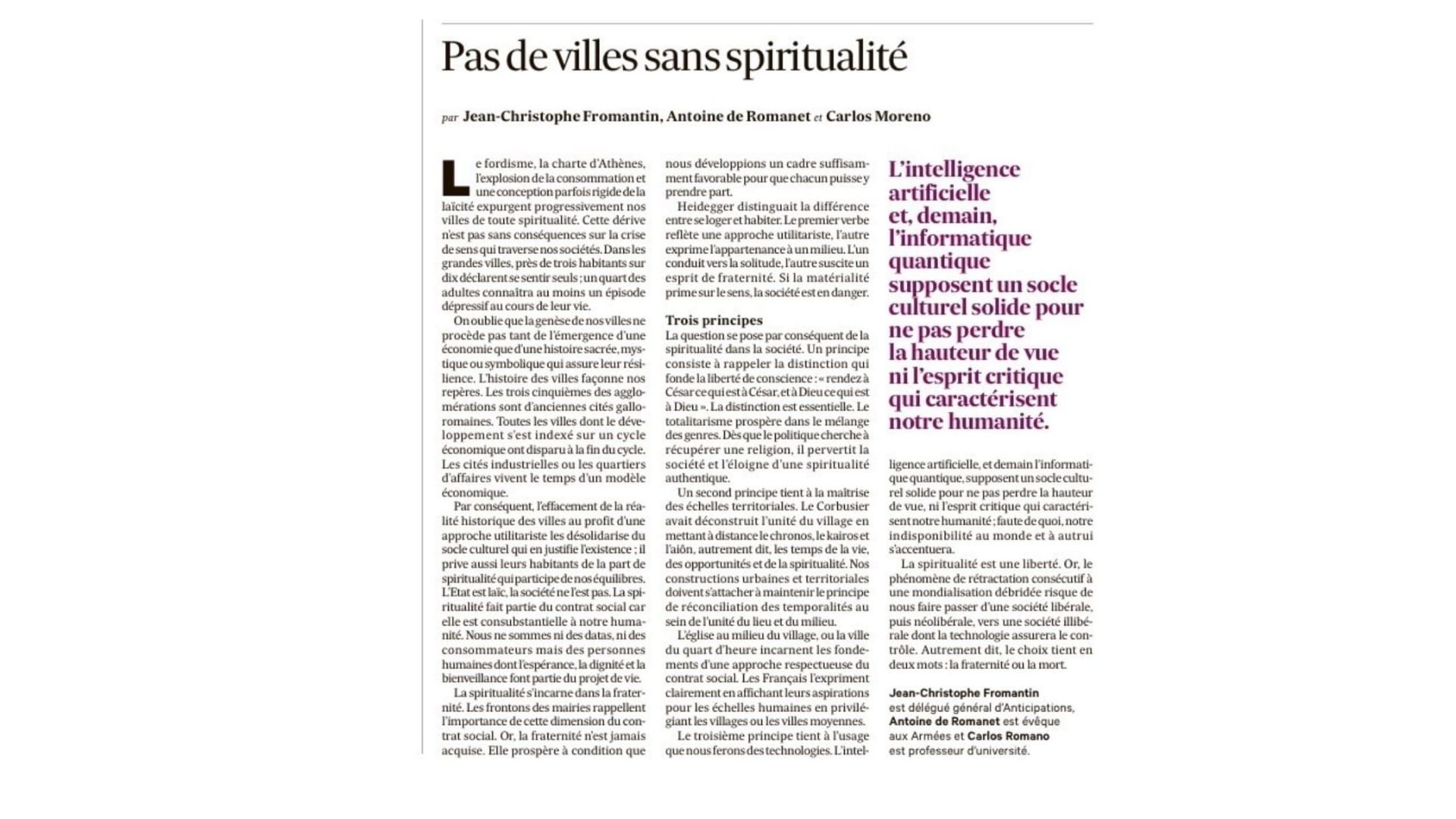 Les Échos – Pas de villes sans spiritualité – February 2026