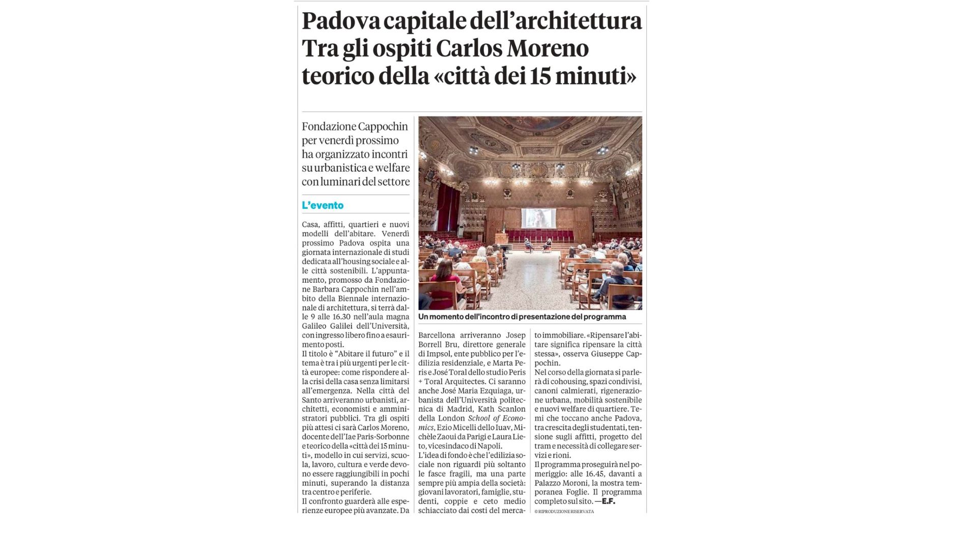 Il Mattino di Padova – Padova capitale dell’architettura. Tra gli ospiti Carlos Moreno teorico della «città dei 15 minuti» – September 2024