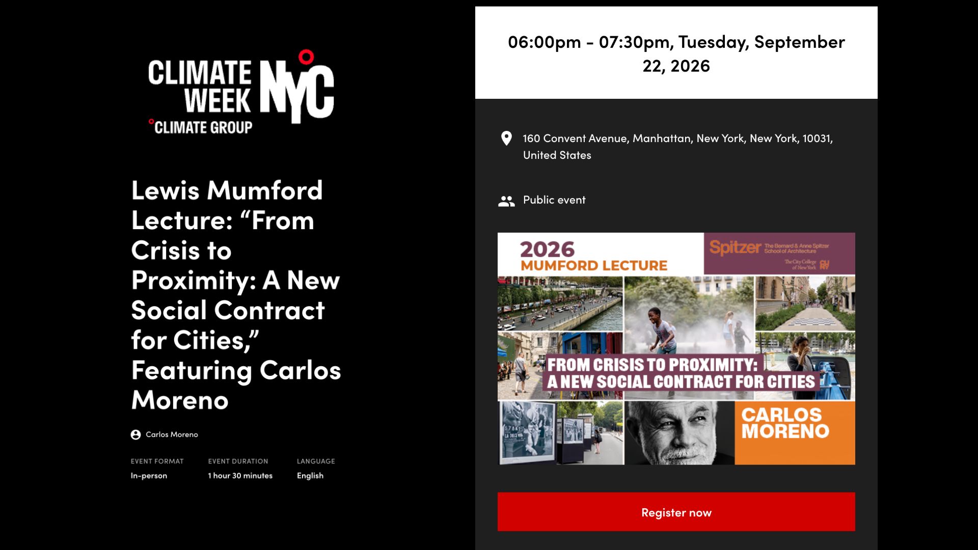 Climate Week NYC – Lewis Mumford Lecture: “From Crisis to Proximity: A New Social Contract for Cities,” Featuring Carlos Moreno – September 2026